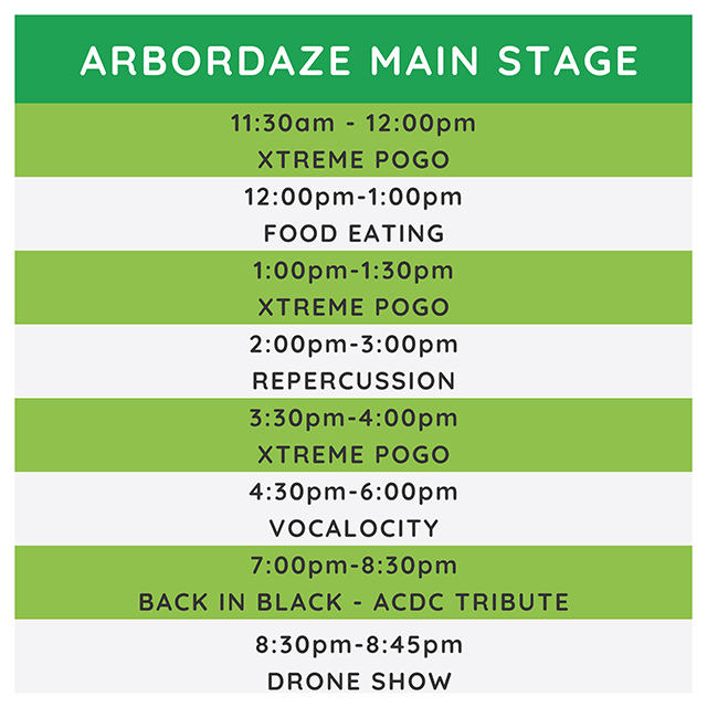 Main Stage Schedule: 11:30am - 12:00pm XTREME POGO, 12:00pm-1:00pm FOOD EATING, 1:00pm-1:30pm XTREME POGO, 2:00pm-3:00pm REPERCUSSION, 3:30pm-4:00pm XTREME POGO, 4:30pm-6:00pm VOCALOCITY, 7:00pm-8:30pm BACK IN BLACK - ACDC TRIBUTE, 8:30pm-8:45pm DRONE SHOW